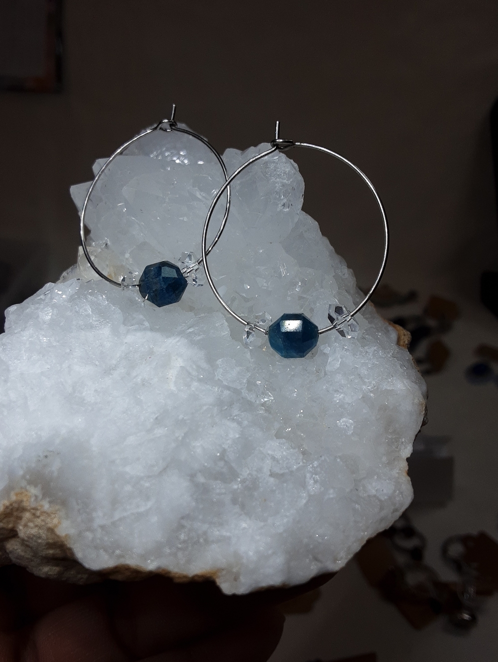 Genuine Teal Apatite, Herkimer Diamond Quartz, Stainless Steel Hoop Earrings,